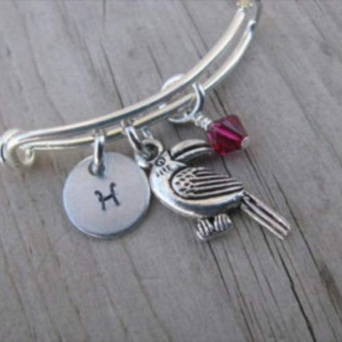 Hand-Stamped Bangle Bracelet Toucan Charm with your choice of initial and bead