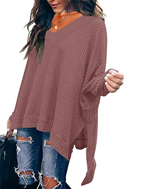 Prinbara Women V Neck Batwing Sleeve High Low Hem Side Slit Waffle Knit Casual Loose Oversized Sweater Tunic Rust Red 2PA99-xiuhong-L