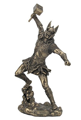Bronze Finish Norse God Thor with Hammer Statue Sculpture Viking Mythology