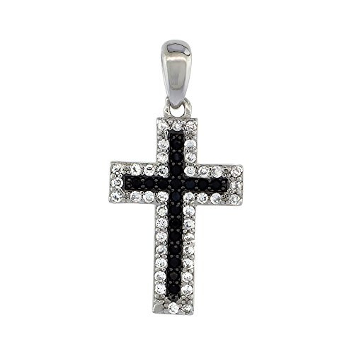Sterling Silver Black  and  White CZ Cross Pendant Micro Pave 3 4 inch