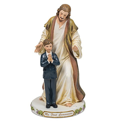 Jesus with Praying Boy My First Communion 9.5 Inch Resin Stone Tabletop Figurine