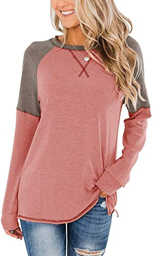 TODOLOR Women s Long Sleeve Tunic Tops Round Neck Shirts Casual Color Block Blouses  L Peach