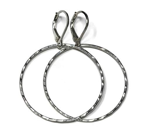 Light Weight Hammered Silver Leverback Hoop Earrings 1.5 Inch Diameter Polished Finish