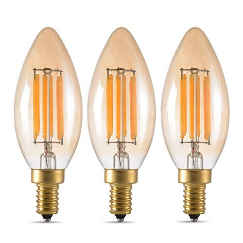Panledo LED Filament Candelabra Bulb 6W Dimmable, 60W Equivalent, Vintage Classic Edison Style, Amber Glass Light Bulbs, Gold Tint Round Tip, E12 Base, Soft White 2700K, Pack of 3