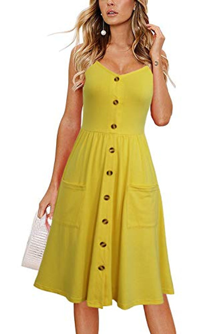 Lyrur Women s Flattering Casual Summer Dress Beach Spaghetti Strap Button Down Midi Sundresses with Pockets  S  9075-Yellow Lyrur Women s Flattering Casual Summer Dress Beach Spaghetti Strap Button Down Midi Sundresses with Pockets  S  9075-Yellow