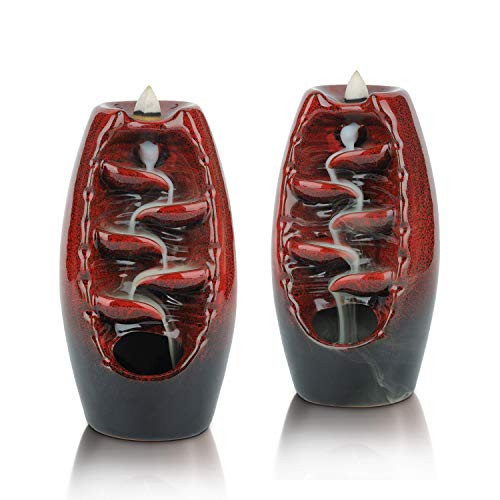 ComSaf Backflow Incense Burner  Ceramic Waterfall Incense Holder  Handmade Porcelain Censer Incense Cones Holder  Aromatherapy Ornament Gift for Home Decor Yoga Spa Meditation  Red?2PCS