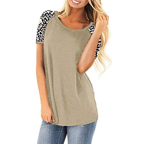 GDJGTA Womens Leopard Patchwork Short Sleeve Crewneck Color Block Casual T-Shirts Tunics Tops Blouse