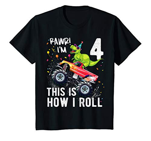 Kids T Rex Dinosaur Monster Truck 4th Birthday Boys and Girls T-Shirt Kids T Rex Dinosaur Monster Truck 4th Birthday Boys and Girls T-Shirt