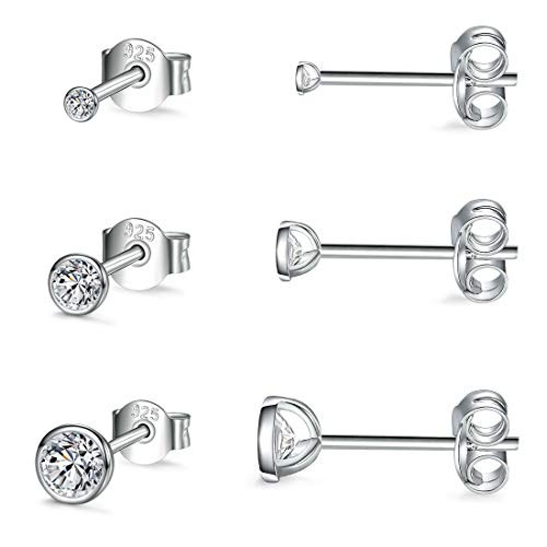 Sterling Silver Stud Earrings for Women Men Girls- 3 Pairs of Tiny Round Cubic Zirconia Earrings CZ Small Cartilage Tragus Earrings 2mm 3mm 4mm