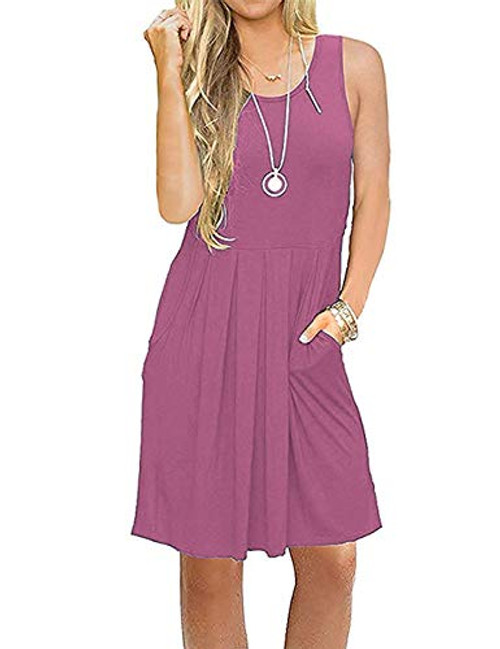 TODOLOR Women Casual Pleated Swing Pocket Loose Sleeveless Sundresses Knee Length Summer Tank Dress Mauve M