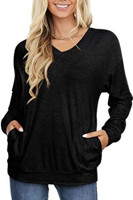 MIDOVAN V Neck Shirts - Long Sleeve T Shirt for Women Top Blouse with Pocket Casual Loose Fit Tunic Baggy Tops  Black  Medium MIDOVAN V Neck Shirts - Long Sleeve T Shirt for Women Top Blouse with Pocket Casual Loose Fit Tunic Baggy Tops  Black  Medium