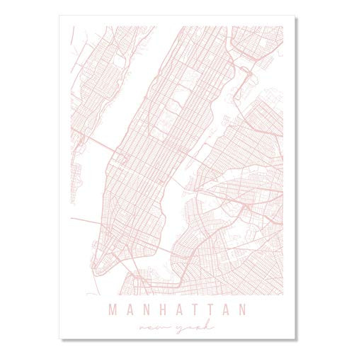 Manhattan New York Light Pink Minimal Street Map Print  Unframed