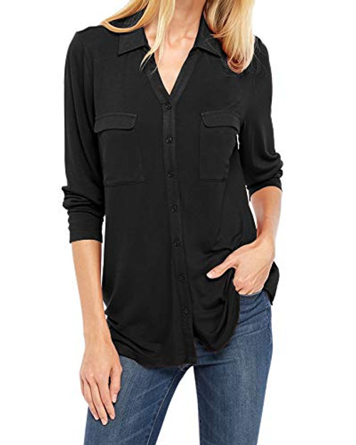 Women V Neck Collared Shirts Long Sleeve Button Down Blouse Casual Solid Tunic with Pocket Black