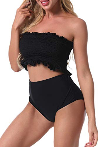 Womens High Waisted Bikini Swimsuit Two Piece Swimwear Bandeau Strapless Smocked Bathing Suit Top Black L