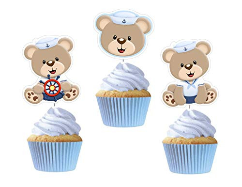 Nautical Bear Cupcake Toppers 12 PCS for Birthday Party  Sailor Cake Picks  Ocean Sailing Baby Shower Themed  Boy Teddy Bear Party Decorations Supplies  Blue Rings