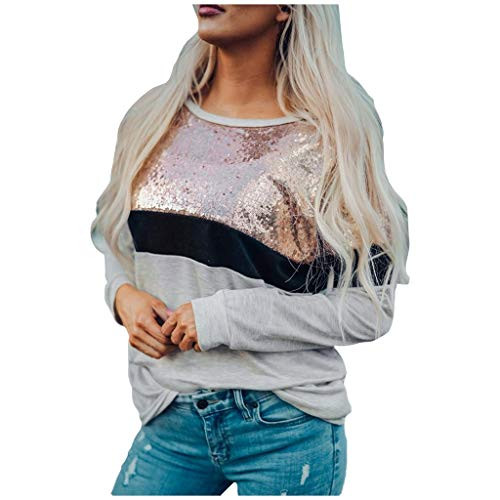STORTO Womens Casual Sequins Splicing Patchwork Striped O Neck Long Sleeve T Shirt Tops Blouse Gray