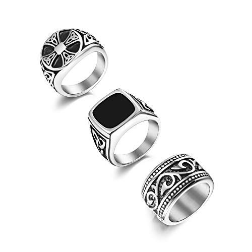 Florideco 3Pcs Stainless Steel Biker Rings for Men Vintage Signet Ring Band Set with Celtic Knot Size 9