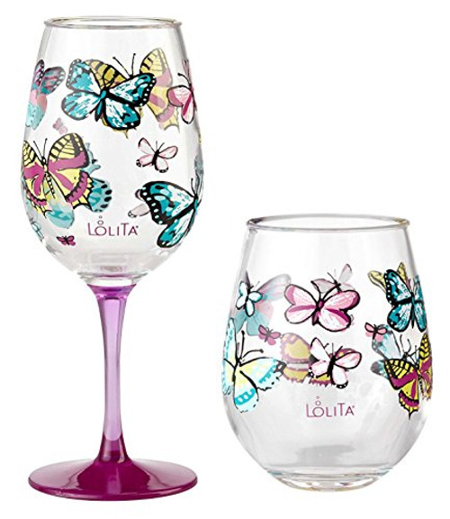 Santa Barbara Design Studio Lolita Hand-painted Artisan Wine Glass and Stemless Wine Glass - Butterfly