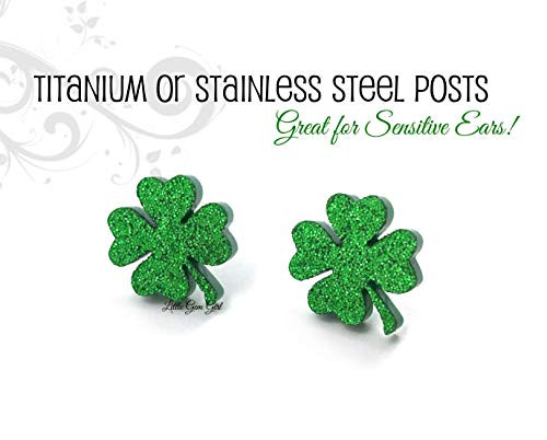 Sparkly Green Shamrock 4 Leaf Clover Earrings in Titanium or Stainless Steel - Luck of the Irish Studs
