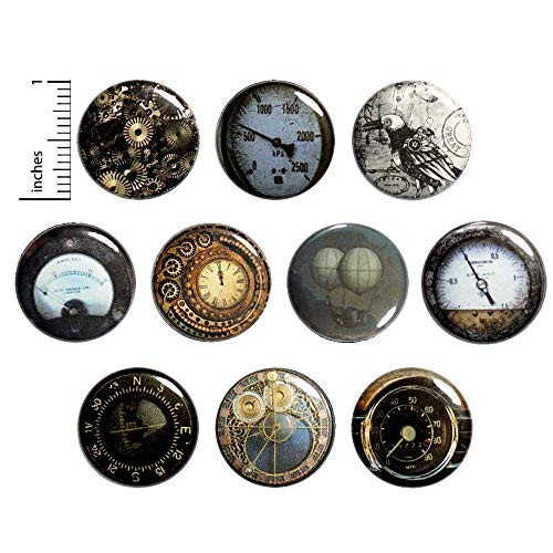 Steampunk Pin Buttons  Jacket Pins  Pins for Backpacks  Messenger Bag Buttons  Steampunk Gauge Buttons  Compass Buttons  Steampunk Pins  Dieselpunk Buttons  Set of 10  1 Inch Size