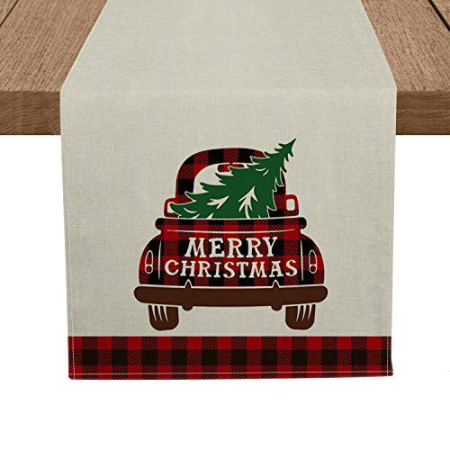 Artoid Mode Red and Black Buffalo Plaid Merry Christmas Truck Table Runner  Seasonal Winter Xmas Holiday Tablecloth Kitchen Dining Table Linen for Indoor Outdoor Home Party Decor 13 x 72 Inch Artoid Mode Red and Black Buffalo Plaid Merry Christmas Truck Table Runner  Seasonal Winter Xmas Holiday Tablecloth Kitchen Dining Table Linen for Indoor Outdoor Home Party Decor 13 x 72 Inch