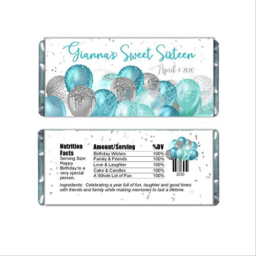 Aqua Glitter Balloons Personalized Candy Bar Wrappers for Chocolate  Birthday Party Favors  Hershey Bar Labels for Baby Shower  Bridal Shower  Pack of 20 Aqua Glitter Balloons Personalized Candy Bar Wrappers for Chocolate  Birthday Party Favors  Hershey Bar Labels for Baby Shower  Bridal Shower  Pack of 20