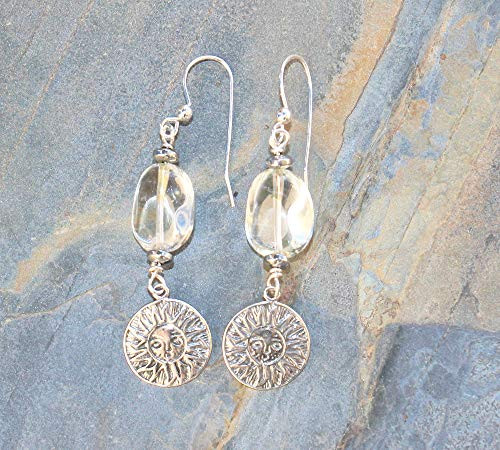 Sun Earrings  Quartz Earrings  Sterling Silver Earrings  Light Yellow Earrings  Natural Stone Earrings  Sun Jewelry  Dangly Earrings