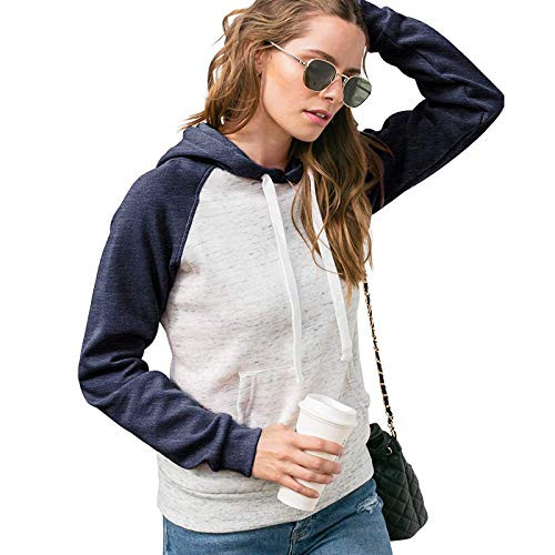 Xinantime Womens Ladies Colorblock Hoodies Casual Hoodies Sweatshirt Patchwork Ladies Hooded Blouse Pullover Tops  Navy Large