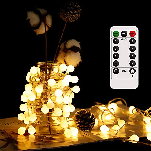 Globe String Lights 33FT 100LED Warm White Decorative Fairy String Lights Battery Operated LED String Lights with Remote 8 Modes Ball Lights for Indoor Outdoor Party Wedding Christmas Garden