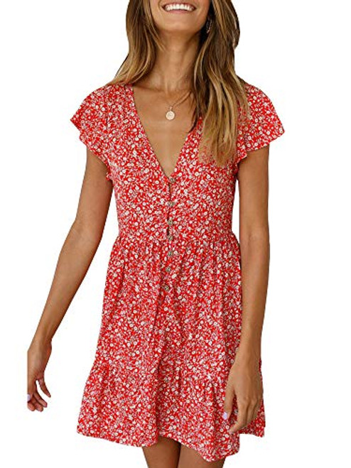 GAMISOTE Womens Floral Print Mini Dress V Neck Short Sleeve Boho Swing Dresses  X-Large  1-Red