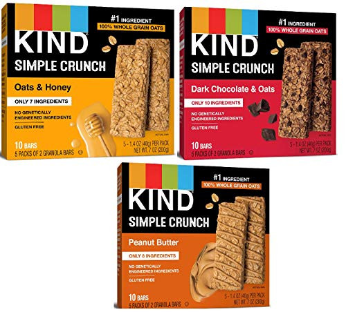 KIND Bars Simple Crunch Variety Pack 30 Bars 15 packs 2 bars per pack 3 flavors Oats and Honey Dark Chocolate and Oats and Peanut Butter 3 Boxes 1 box of each flavor KIND Bars Simple Crunch Variety Pack 30 Bars 15 packs 2 bars per pack 3 flavors Oats and Honey Dark Chocolate and Oats and Peanut Butter 3 Boxes 1 box of each flavor