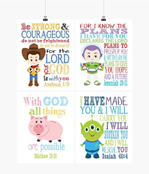 Toy Story Christian Nursery Decor Set of 4 Prints - Woody Buzz Lightyear Hamm and Mr. Potato Head with Bible Verses Toy Story Christian Nursery Decor Set of 4 Prints - Woody Buzz Lightyear Hamm and Mr. Potato Head with Bible Verses