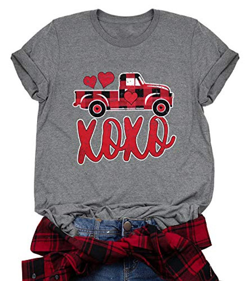 Women Valentine s Day Shirt Buffalo Plaid Leopard Love Heart Graphic Print Shirts Short Sleeve Wife Gift Tee Tops  Grey5  Small