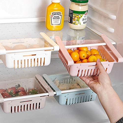 Fridge Drawer Organizer 4 Pack Retractable Pull-Out Refrigerator Storage Box Fridge Shelf Holder Storage Box Unique Design Pull Out Bins Fit for Fridge Shelf Under 0.5 inch
