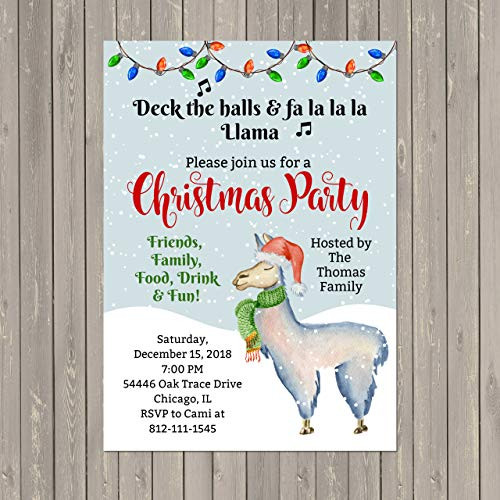 Llama Christmas Party Invitation  Base price is for a set of 10 5x7 card stock invitations with white envelopes
