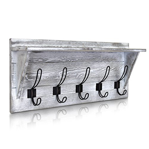 Rustic Wall Mounted Coat Rack Shelf - Country Style 24" Entryway Shelf with 5 Rustic Hooks - Solid Pine Wood. Perfect Touch for Your Entryway, Kitchen, Bathroom and More