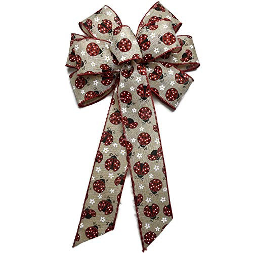 10 inch  Wired Red Lady Bugs on Natural Linen Wreath Bow