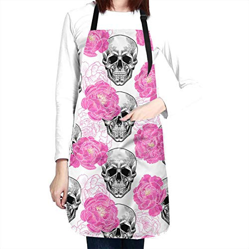 wodealmug Women Skull Peonies Apron Adjustable Neck Kitchen Bib Cook Apron with Pocket for Cooking Baking Gardening wodealmug Women Skull Peonies Apron Adjustable Neck Kitchen Bib Cook Apron with Pocket for Cooking Baking Gardening
