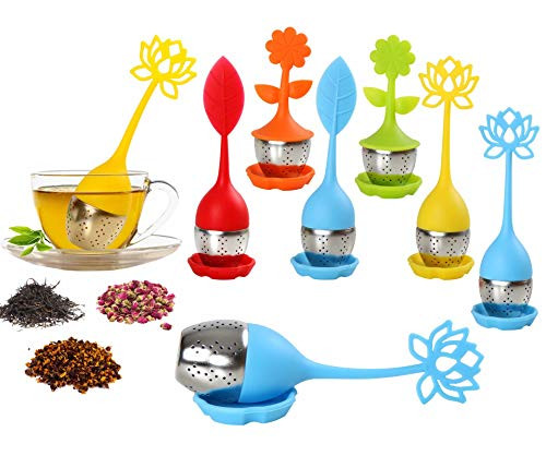 Pendolr Tea Infuser - 6 Pack Silicone Handle Stainless Steel Strainer Drip Tray Included for Loose Leaf or Herbal Tea