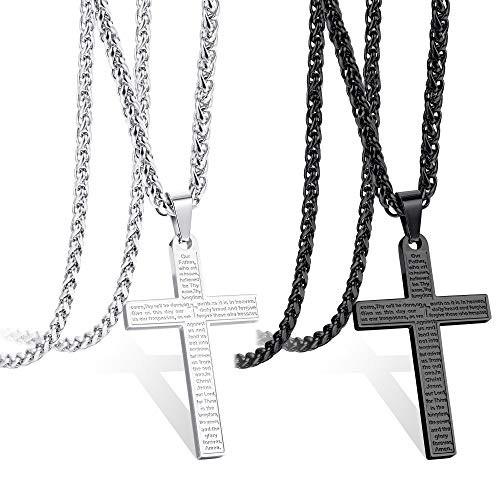 LOYALLOOK 2PCS Cross Pendant Necklace for Men Women Lord s Prayer Pendant Faith Necklace 316L Stainless Steel Bible Verse Cross Chain Necklace 22 24 Inches