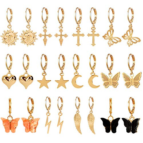12 Pairs Gold Small Hoop Earrings Pack with Charm-Silver Mini Hoop Dangle Earrings with Charm- Huggie Hoop Earrings Set for Teen Girls And Women