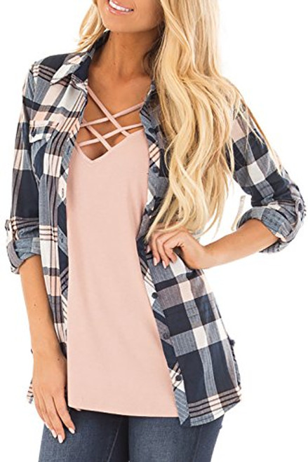 Jug and Po Womens Casual Cuffed 3 4 Long Sleeve Plaid Button Down Shirts Blouse Tops  Large  NavyBlush