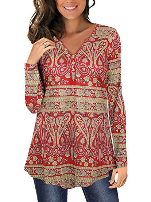 Angerella Buttons Up Tunic Tops Pleated Henley Shirt for Women Notch Neck Multi Red M