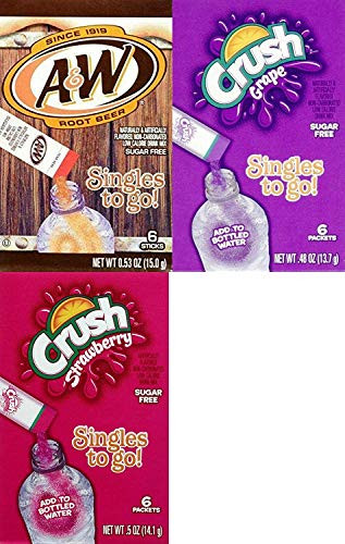 A and W Root Beer  Grape Crush  and  Strawberry Crush Singles To Go Drink Mix 3-Variety Combo  Pack of 6