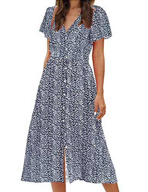 ROYLAMP Women s Floral Button Up Split Dress Deep V Short Bell Sleeve Flowy Midi Dress with Pockets Navy Blue L