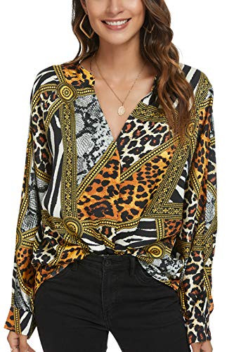 Tivanna Spring Blouses for Women Long Sleeve Leopard Print Top Casual Loose Yellow Medium