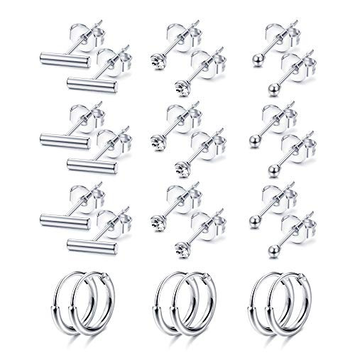 Hanpabum Stainless Steel Stud Earrings for Women Mens Endless Hoops Small CZ Balls Tiny Bar Cartilage Earrings Set 2MM-3MM