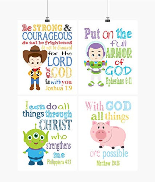 Toy Story Christian Nursery Decor Set of 4 Prints - Woody Buzz Lightyear Hamm and Alien with Bible Verses Toy Story Christian Nursery Decor Set of 4 Prints - Woody Buzz Lightyear Hamm and Alien with Bible Verses
