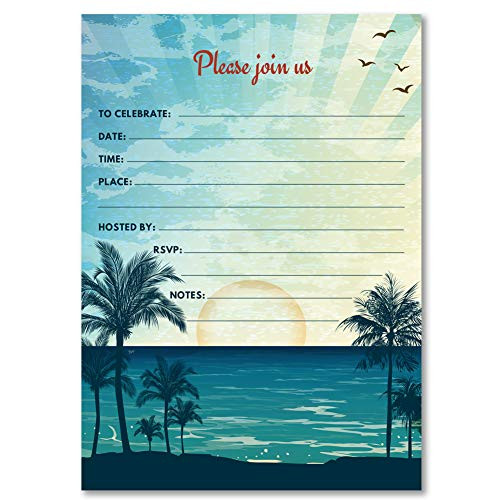 Vintage Tropical Beach Party Invitation  Set of 10 Fill-in Blank 5x7 Invites and Envelopes