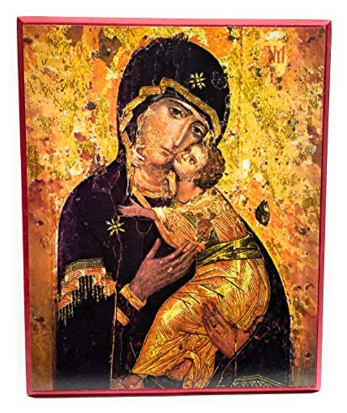 Wooden Greek Orthodox Christian Ancient Icon Saint Mary Holy Virgin Mary Theotokos Virgin of Vladimir 8 inch  x 10 inch  MDF
